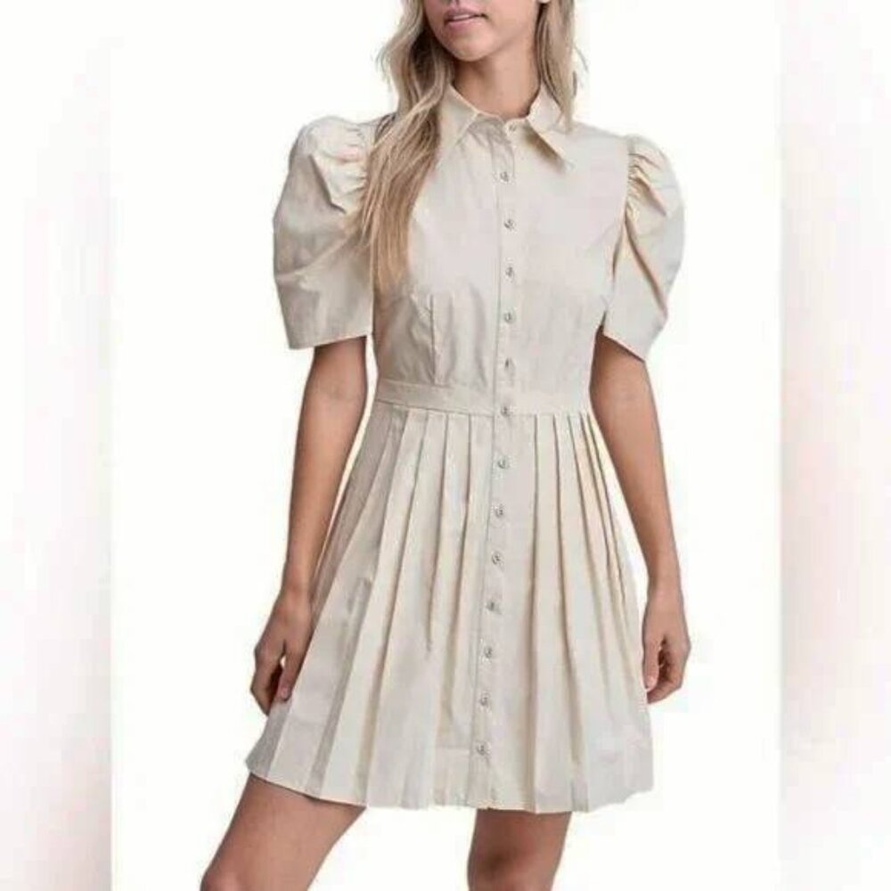 En Saison Pleated Puffed Sleeves Button Up Beige Mini Dress